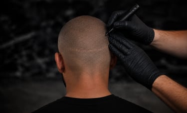A practitioner performing a scalp micropigmentation procedure on a man's head using a tattoo machine.