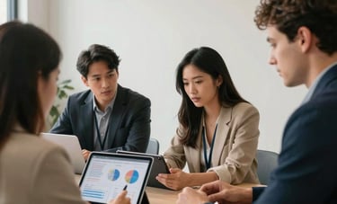 A North American marketing team in a bright, modern office with Crisp Parchment walls. They collaborate over a tablet showing analytics in a cozy, professional setting.