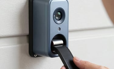 Close-up of a modern smart garage door opener system being calibrated by a technician. Clean lighting highlighting the metallic gray and charcoal blue surfaces of the motor housing and drive belt.
