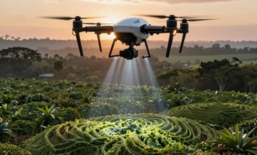 A specialized environmental drone hovering over a sustainable Brazilian organic farm at sunrise, scanning topography with light beams, professional photography style.