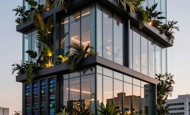A sleek modern data center integrated within a vertical garden building in a South American city, evening lighting with reflections of plants on glass, futuristic.