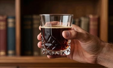 A close-up of a masculine hand holding a crystal glass with a dark brown beverage, sitting in a dimly lit North American study with tan brown wooden shelves.