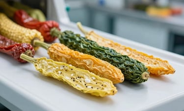 A professional macro shot of vibrant, high-quality dehydrated organic vegetables. The setting is a clean, modern food processing plant in India. Sharp focus, bright slate blue and white lighting. Global B2B / Indian Origin.