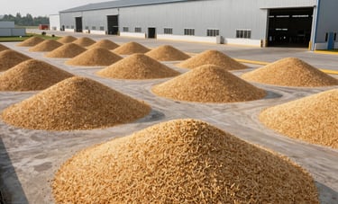 A wide-angle landscape shot of sustainable agricultural biomass pellets stored in a modern industrial warehouse near a major shipping port. Bright daylight, authoritative corporate atmosphere. Global B2B / Indian Origin.