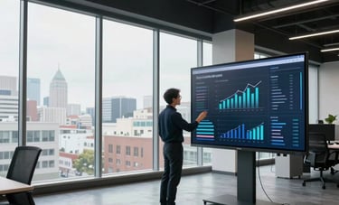 A wide shot of a contemporary North American office space with large windows, where a professional is reviewing cybersecurity analytics on a large screen.