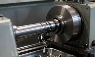 An industrial lathe machine rotating a long steel shaft, metal shavings falling into the tray, dramatic industrial lighting with slate gray and white highlights, professional Brazilian workshop setting.