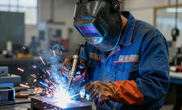 A professional welder in a South American industrial shop floor, blue light from a TIG welding torch illuminating the scene, metal sparks, clean and modern workshop atmosphere.