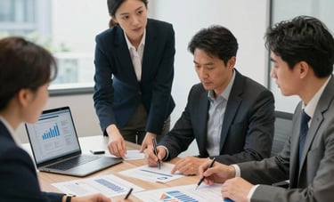 A professional team of financial advisors in a light-filled boardroom in a modern North American office, collaborating over project plans and digital data.