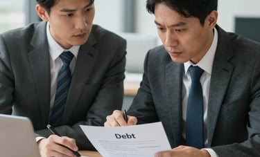 A sophisticated North American office setting where two focused professionals in business attire are discussing debt structures over financial documents.
