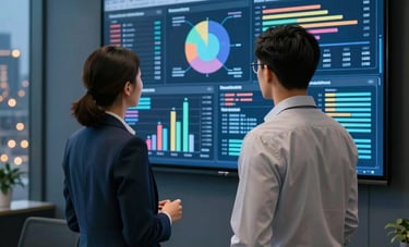A medium shot of two professionals in smart casual attire standing before a large digital monitor in a high-tech North American conference room. They are analyzing vibrant data visualizations and advertising metrics. The background is a sophisticated dark blue and gray office environment with warm evening city lights visible through the window.