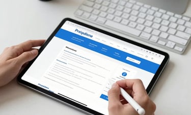 A top-down view of a designer&amp;amp;#x27;s hands using a tablet and stylus alongside a modern keyboard in a bright, airy North American studio. The tablet shows a professional website wireframe with clean lines and blue accents. The scene is bright and conveys innovation and sophisticated design.