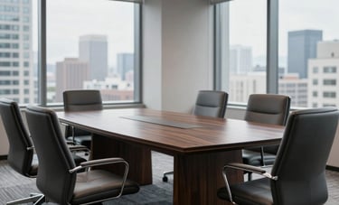 A high-end, minimalist boardroom in a North American executive suite. A polished dark wood table is surrounded by ergonomic charcoal chairs. Large windows offer a focused, slightly blurred view of a metropolitan landscape. Style is clean and premium.