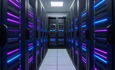 A sophisticated data center corridor in the US, featuring sleek black server racks glowing with vibrant violet and electric blue LED strips. The composition is symmetrical and futuristic, emphasizing security, speed, and cutting-edge technology. Wide-angle shot.