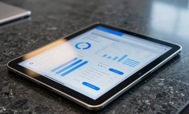 A close-up of a high-tech glass tablet sitting on a dark charcoal marble conference table in a North American corporate boardroom. The screen shows a clean dashboard with domain statistics, reflecting soft gold and electric blue ambient lights.