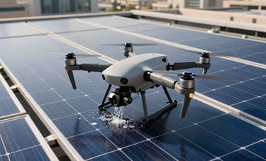 A close-up photograph of a high-tech S-Drones drone washing a large array of solar panels on the rooftop of a modern commercial building in Dubai. The sun reflects off the blue solar cells and the light gray metallic drone body. High-tech and innovative aesthetic.