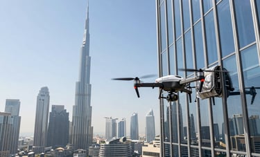 A high-action wide shot of an S-Drones branded industrial drone cleaning the exterior glass panels of a massive skyscraper in Downtown Dubai. In the background, the iconic Dubai skyline is visible under a bright blue sky. The drone shows dynamic motion with water droplets catching the light.