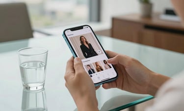 Close-up of hands holding a premium light blue smartphone showing a luxury fashion app next to a glass of water on a clean glass table. Soft natural light, sophisticated Brazilian penthouse office vibe. Palette: light blue and off-white.