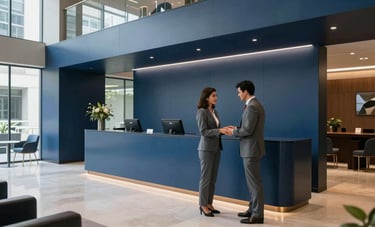 A wide-angle photography shot of a sleek, modern corporate concierge lobby in São Paulo. A refined attendant in a tailored grey suit is helping a client. The space features clean lines, glass, and decor in shades of medium blue and dark navy.