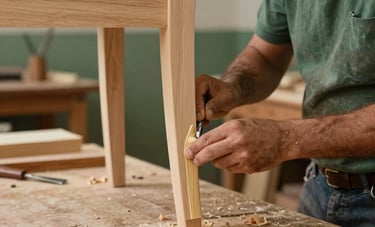 Photograph of a traditional carpentry workshop in Portugal. A craftsman is applying wood glue to a classic wooden chair leg. Scene shows clamps, chisels, and wood shavings on a workbench. Elegant, warm atmosphere. Colors include dusty green and muted beige.