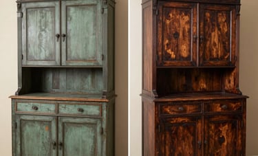 Side-by-side style single shot of a magnificent 19th-century cabinet being meticulously refinished. The lighting is dramatic yet professional, highlighting rich textures of restored wood. European workshop setting. Colors: charcoal, sage green, and light beige.