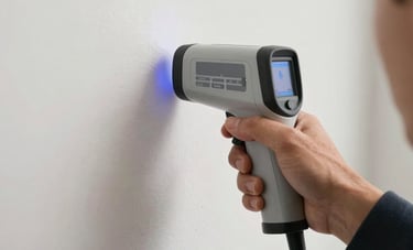 Close-up of a technician using an infrared thermal camera to detect hidden moisture behind a white wall in a residential Miami interior. The lighting is soft and natural, emphasizing precision and expertise.