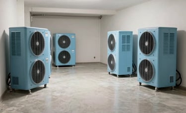 A wide-angle photo of a clean, well-lit Miami basement after flood restoration, featuring large light blue industrial dehumidifiers and air movers positioned along the walls. The space looks immaculate and dry.