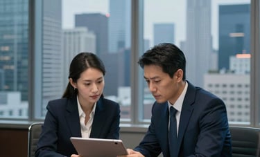 A cinematic photograph of a professional meeting in a high-rise North American boardroom. Two business people in sleek corporate attire are looking at a tablet together, with a blurred cityscape background of skyscrapers at dusk in shades of navy blue and white.