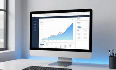 A lifestyle shot of a high-end, minimalist creative workspace in a North American loft. A large monitor displays a professional CRM dashboard with upward-trending growth charts, surrounded by white walls and subtle electric blue accent lighting.