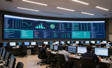 A sophisticated operations command center in Brazil. Large screens in the background showing data visualizations in navy and teal. Professional, high-tech lighting, cinematic composition.