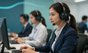 A dynamic shot of a South American call center environment. The composition focuses on a blurred background with professional teal and navy blue light streaks. Professional high-performance atmosphere.