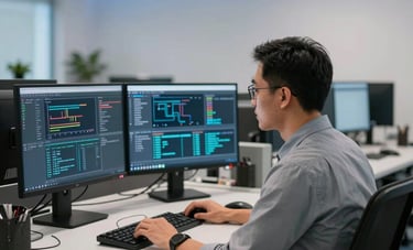A professional Indonesian IT specialist working in a clean, high-tech minimalist office. Large monitors displaying complex data, soft blue accent lighting, premium atmosphere.