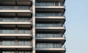 Minimalist photography of a luxury modern residential apartment building in Indonesia. Clean architectural lines, glass balconies, blue sky backdrop with soft natural lighting.