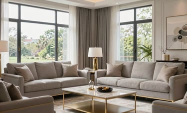 Interior of a modern North American luxury living room, large windows with bright natural light, sophisticated neutral furniture in light gray, subtle gold decor accents, clean and airy composition.