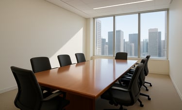 A professional interior photograph of a modern, sun-drenched conference room in a US city office. A polished wood table sits center, surrounded by ergonomic chairs. The walls are off-white, and the atmosphere is calm, minimalist, and highly professional with high-key lighting.