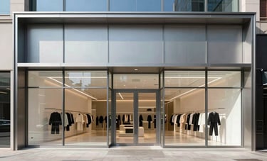 A wide-shot photograph of a sleek, contemporary retail storefront in a modern North American urban setting. The design is minimalist with steel accents and large panes of glass reflecting a clear blue sky. Professional, bright, and clean aesthetic with grey-blue and off-white tones.