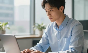 A professional person in a light blue shirt working diligently on a laptop in a bright, modern North American office setting. Natural morning light streams through glass windows, creating an efficient and trustworthy business atmosphere.