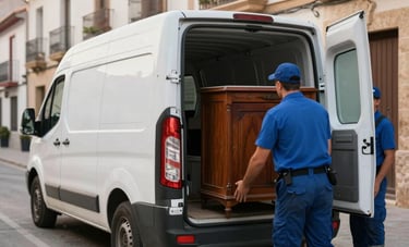 A clean white removal van parked on a street in Torrelavega, Spain. Professional movers in blue uniforms are loading a vintage cabinet carefully. Soft morning light, sharp focus, European setting.