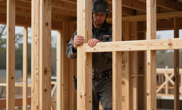 Close-up photography of a professional construction site in the US, showing expert wooden framing for a room addition being integrated into an existing house structure, daylight.