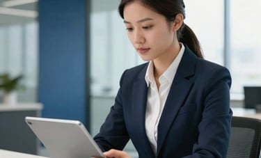 A medium shot of a professional recruiter in a modern US corporate setting, using a tablet to review applications. Bright daylight illuminates the room, which features glass partitions and navy blue interior details. Professional, trustworthy mood.