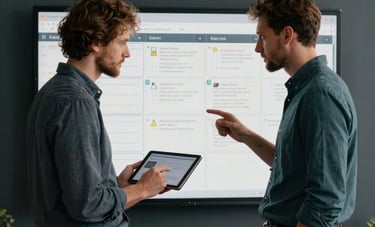 A creative team collaboration scene in a minimalist studio. Two professionals in business casual attire (European style) are discussing a digital Kanban board on a tablet. Warm ambient lighting, professional focus. Colors: Dark Slate and Muted Teal.
