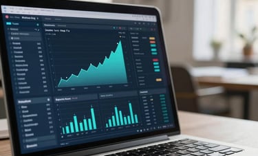 A close-up photograph of a sleek laptop screen displaying detailed data analytics and marketing growth charts. The background is a stylish Parisian apartment office with soft, natural morning light. Colors: Dark Navy and Very Light Cyan.