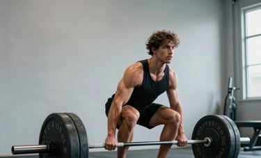 A muscular person performing a deadlift with focus in a high-end, clean US garage gym with light grey walls and professional weights. Empowering atmosphere with sharp focus.