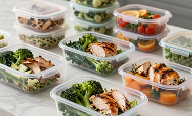 A variety of colorful healthy meal prep containers filled with fresh green vegetables and lean grilled chicken on a white marble kitchen counter in a North American home.