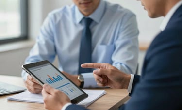 A professional financial consultant in a South American business setting, presenting data on a tablet. The scene conveys trust and expertise. Colors include light blue and navy blue accents.