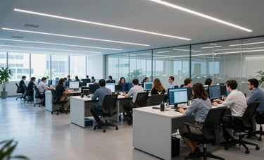 Wide shot of a sophisticated financial operations center in Brazil. Teams are collaborating in a space with high ceilings and glass walls. Modern aesthetic with medium blue and light gray tones, professional lighting.