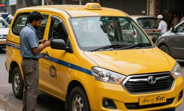 A yellow-plate commercial taxi parked on a side street in Bangalore, with a mobile service technician attending to it. Modern automotive aesthetic, South Asian / Indian urban environment, bright and trustworthy mood.
