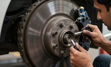 Close-up photography of a car's wheel and brake assembly being inspected by a technician. The lighting is sharp and professional, highlighting the metallic textures. South Asian / Indian context, automotive workshop style.
