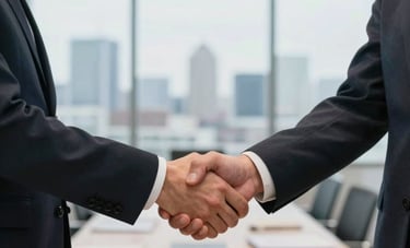 A close-up of professional business partners in Central European attire shaking hands in a bright, modern corporate boardroom. In the background, a blurred view of a city skyline is visible. The composition is clean and focused on the interaction, emphasizing trust and collaboration.