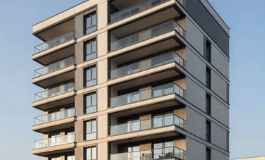 An architectural photograph of a modern residential development in a Central European urban setting. The building features clean lines, glass balconies, and elegant facade details under a clear sky. The lighting is warm morning sun, highlighting the sophisticated and modern aesthetic.