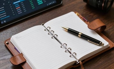 A high-angle shot of a leather-bound planner and a luxury pen on a dark wood table in a Southern European professional setting. In the background, a tablet displays a sophisticated data interface. The composition is clean and modern, emphasizing reliability and professional standards.